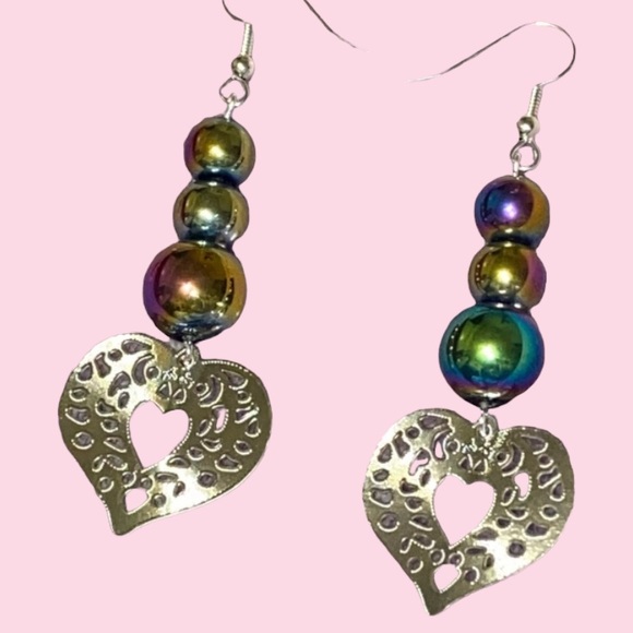 Hand Crafted Jewelry - HAND CRAFTED Earrings Rainbow Heart Long Glass Beads Jewelry Silver Dangle